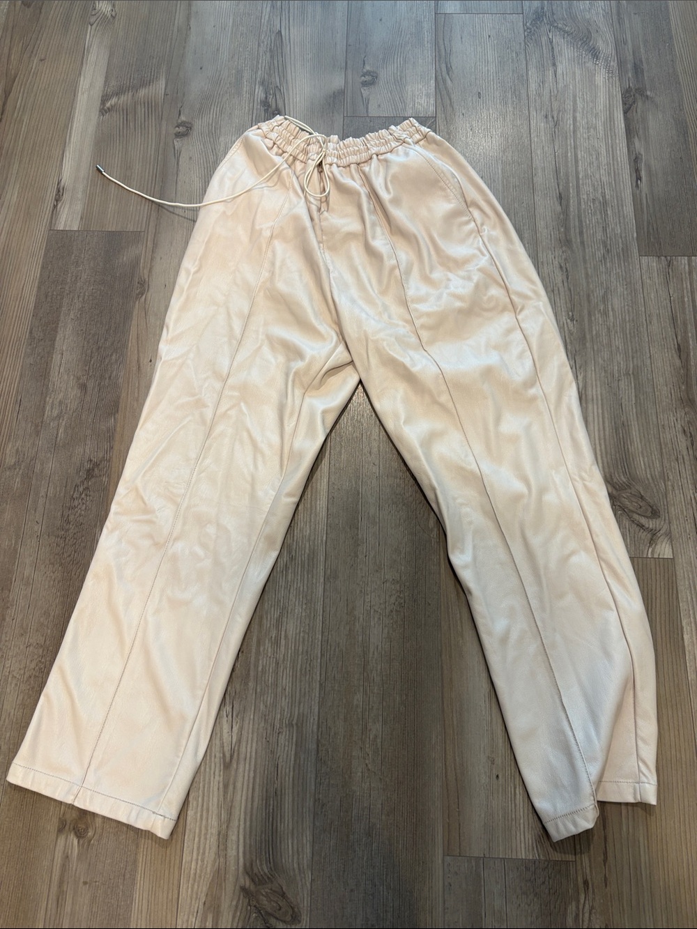 WoMen's Vegan Leather Drawstring Pants in Cream